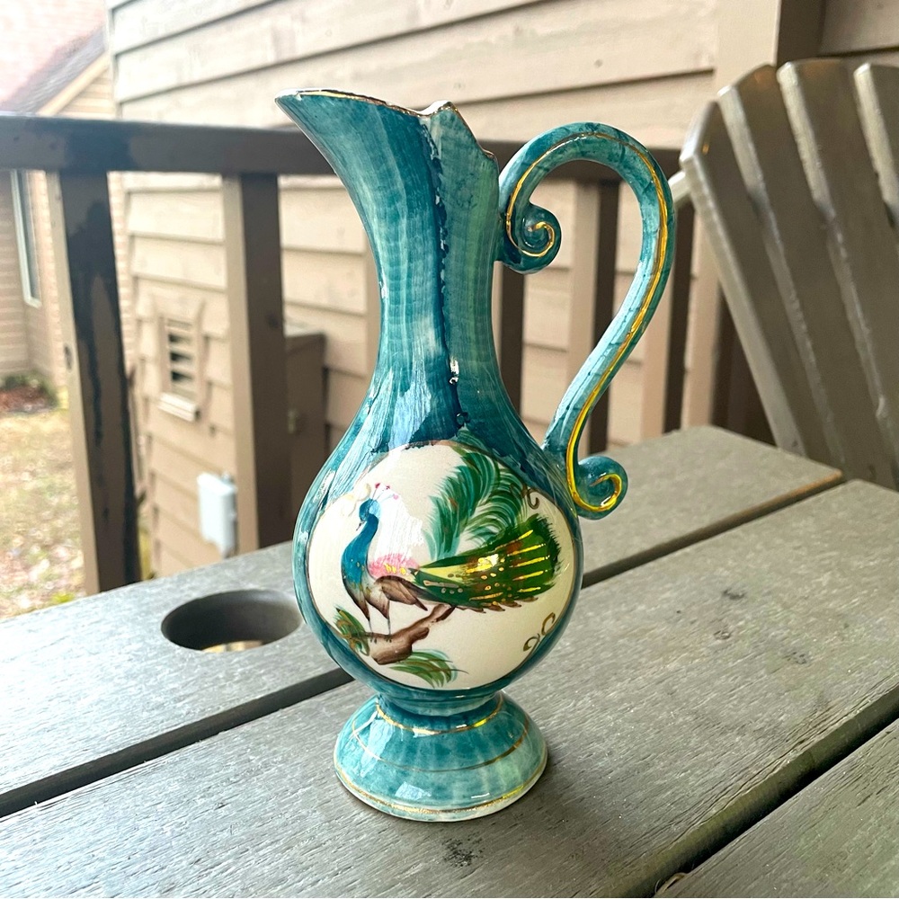 Hubert Bequet Vintage Ceramic Hand Painted Peacock Pitcher